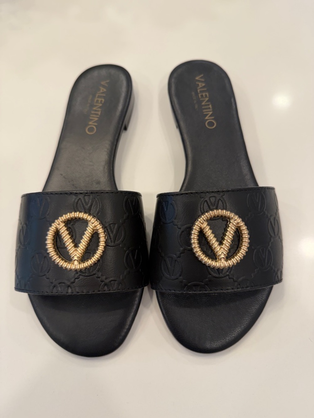 Valentino Black Leather Slide Sandals with Gold Rope V Emblem